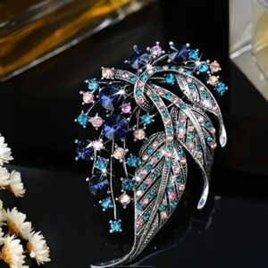 🆕️💙🩷 BLUE & PINK RHINESTONED BOTANICAL BROOCH PIN🩷💙